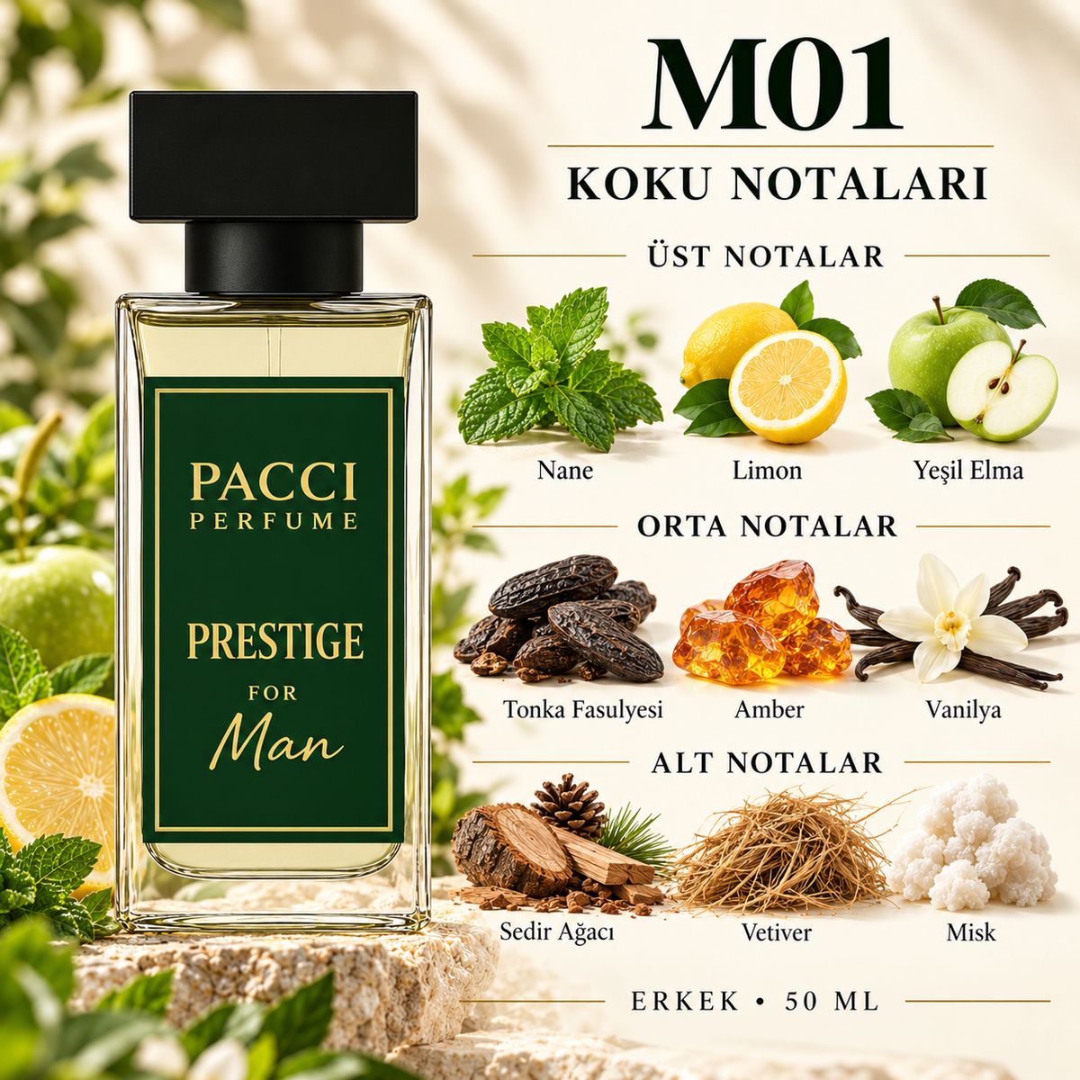 PACCI M01 erkek parfümü – nane, elma ve vanilya notaları