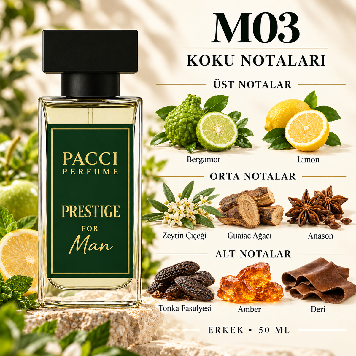 PACCI M03 erkek parfümü – yeşil mandalina, lavandin ve tonka notaları