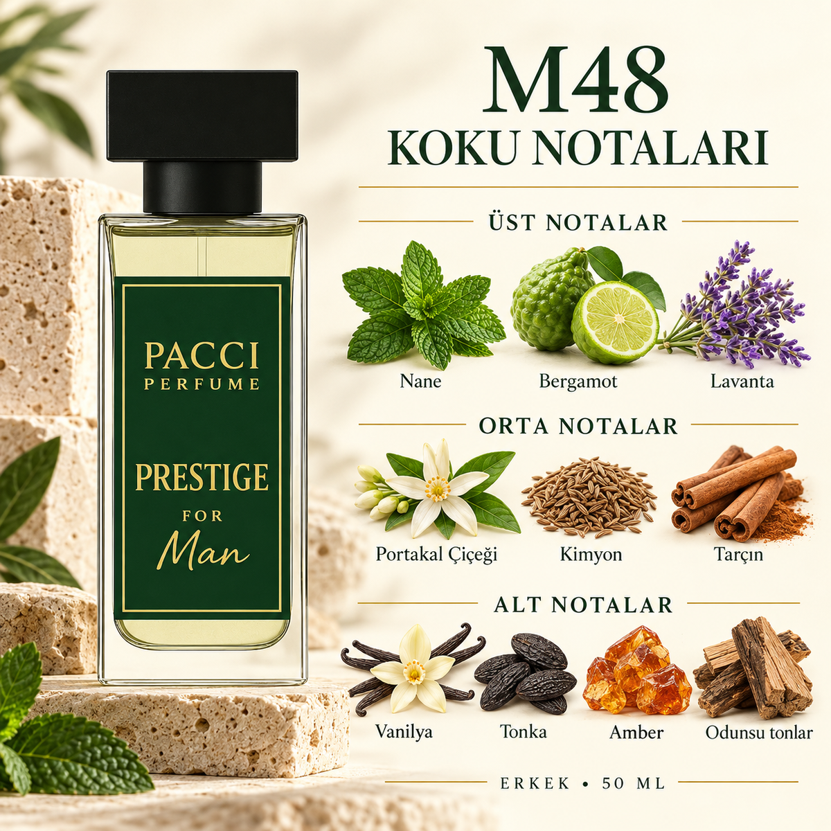 PACCI M48 erkek parfümü – nane, lavanta ve vanilya notaları