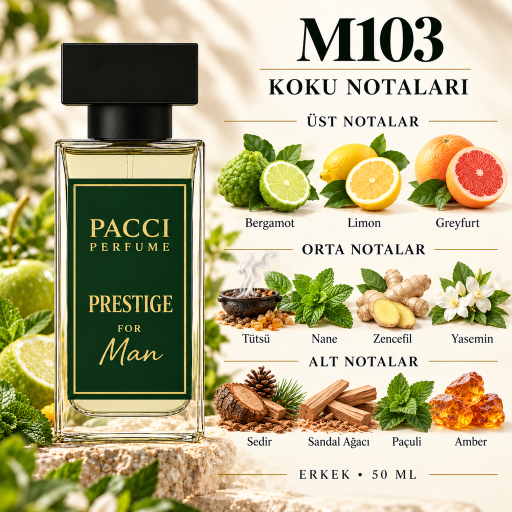PACCI M103 erkek parfümü – narenciye, sedir ve sandal ağacı notaları