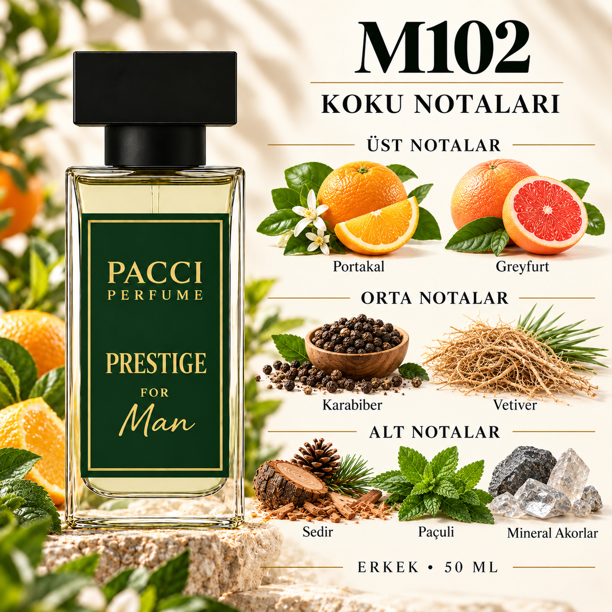PACCI M102 erkek parfümü – greyfurt, sedir ve çakmak taşı notaları
