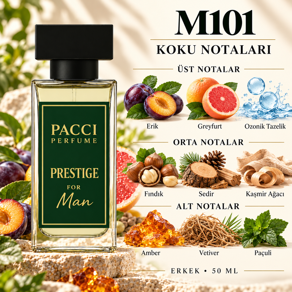 PACCI M101 erkek parfümü – erik, fındık ve bal notaları