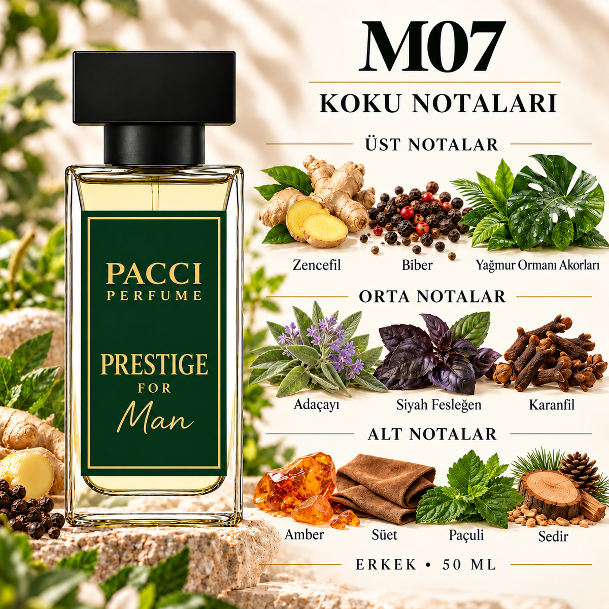 PACCI M07 erkek parfümü – zencefil, siyah fesleğen ve süet notaları