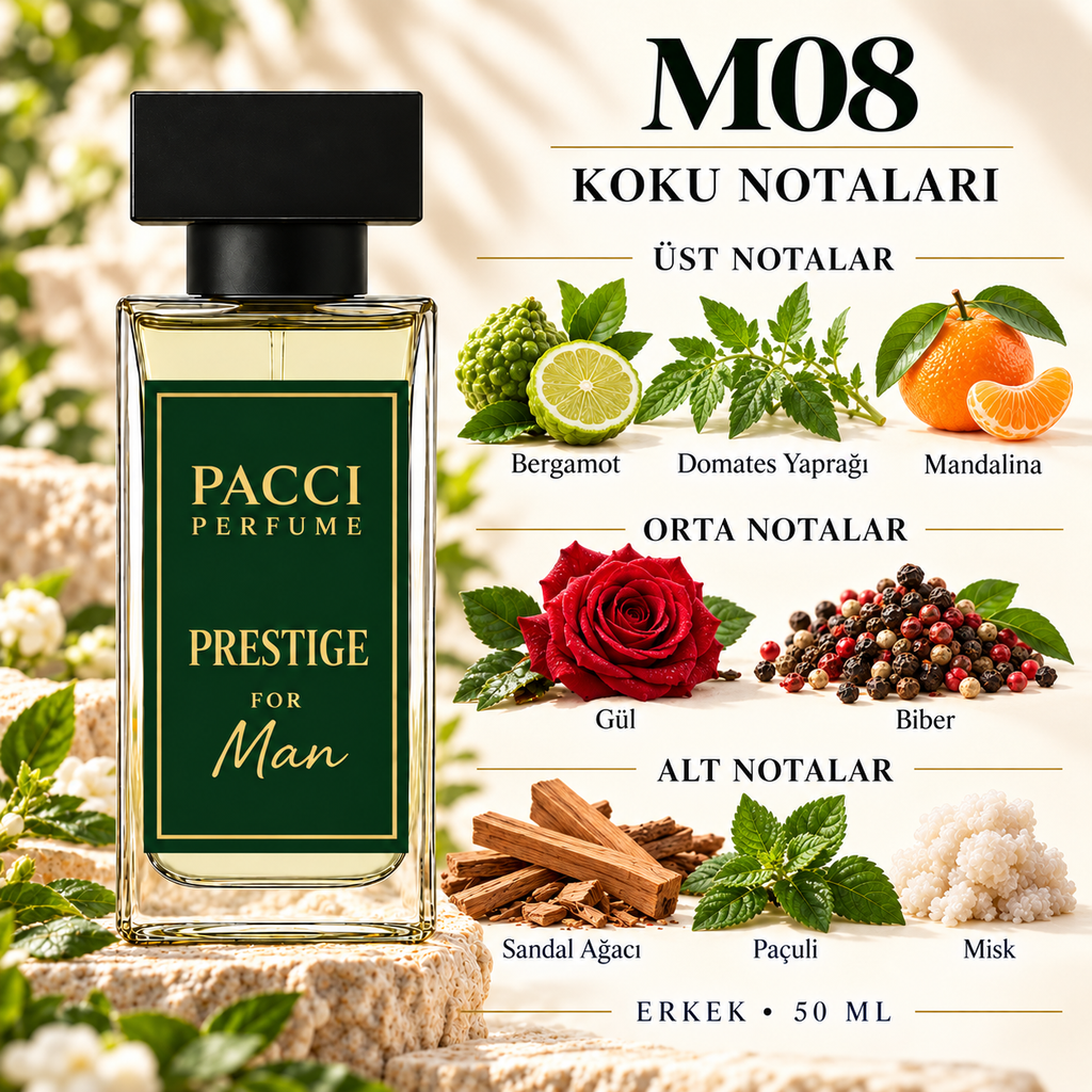 PACCI M08 erkek parfümü – narenciye, karabiber ve sandal ağacı notaları
