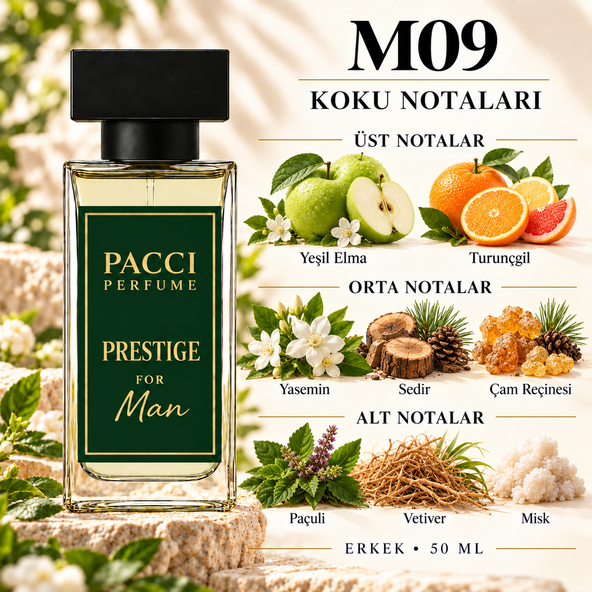 PACCI M09 erkek parfümü – elma, çam ve vetiver notaları