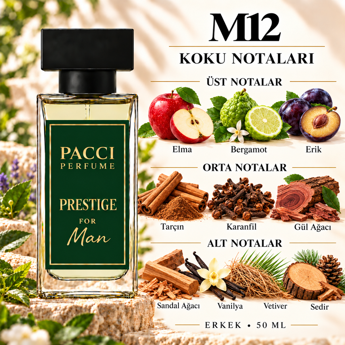 PACCI M12 erkek parfümü – elma, tarçın ve sandal ağacı notaları