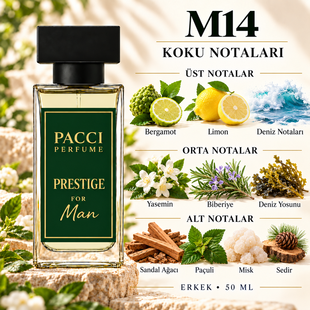 PACCI M14 erkek parfümü – deniz notaları, bergamot ve biberiye