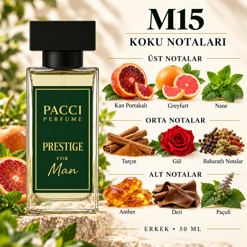 PACCI M15 erkek parfümü – kan mandalinası, tarçın ve deri notaları