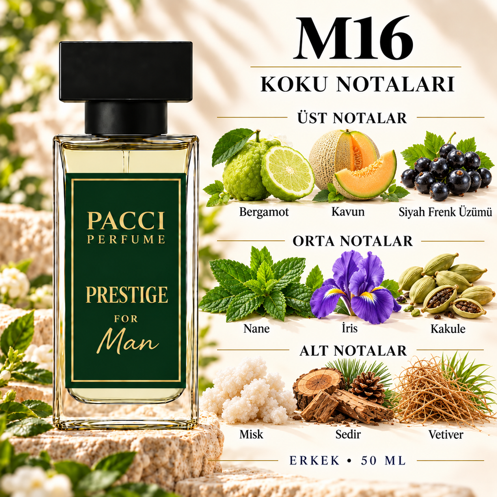 PACCI M16 erkek parfümü – karpuz, nane ve vetiver notaları