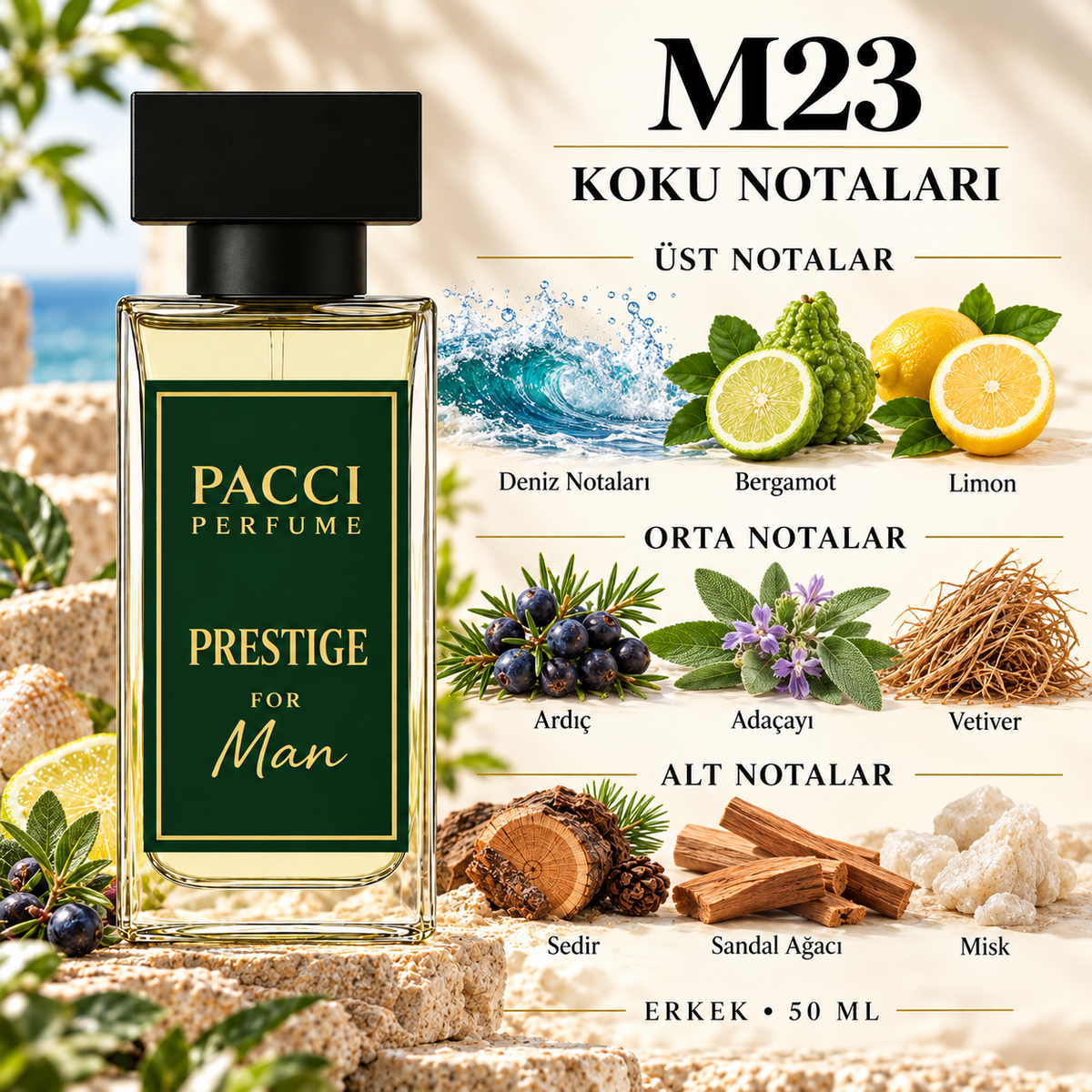 PACCI M23 erkek parfümü – deniz notaları, adaçayı ve sedir