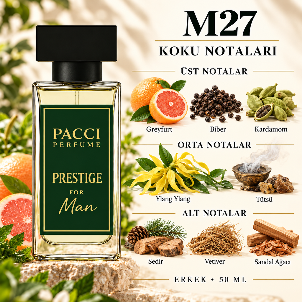 PACCI M27 erkek parfümü – greyfurt, kakule ve süet notaları