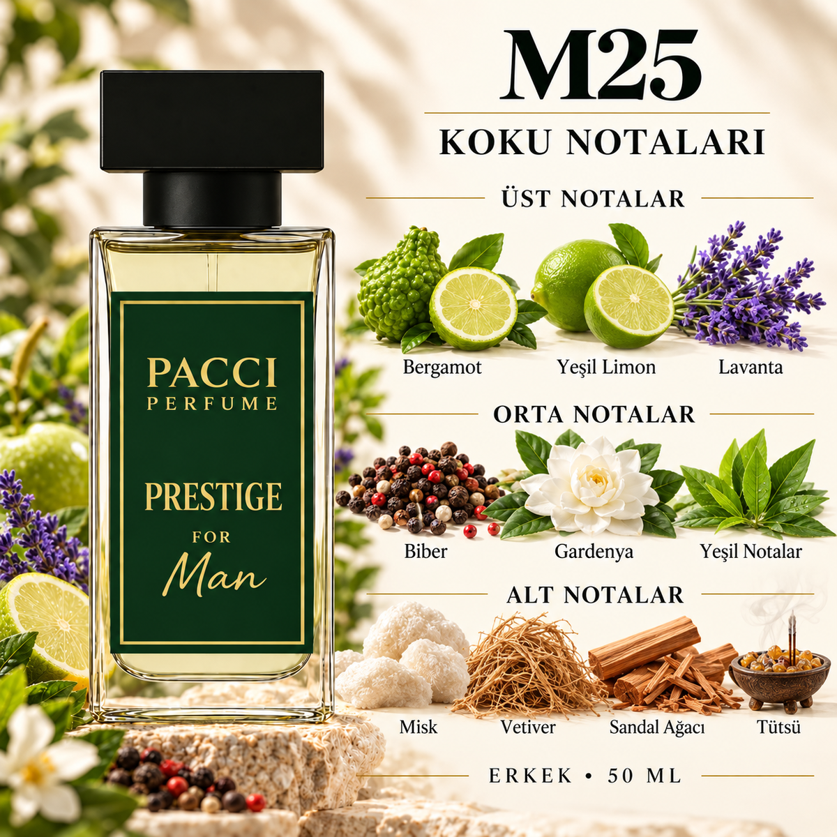 PACCI M25 erkek parfümü – narenciye, gardenya ve sandal ağacı notaları