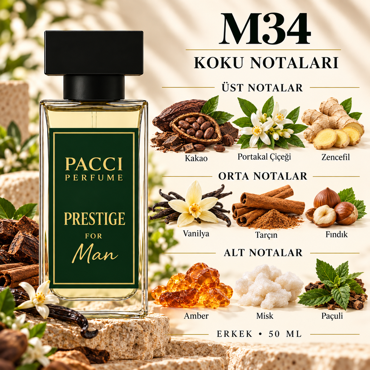 PACCI M34 erkek parfümü – sıcak çikolata, amber ve kırmızı biber notaları