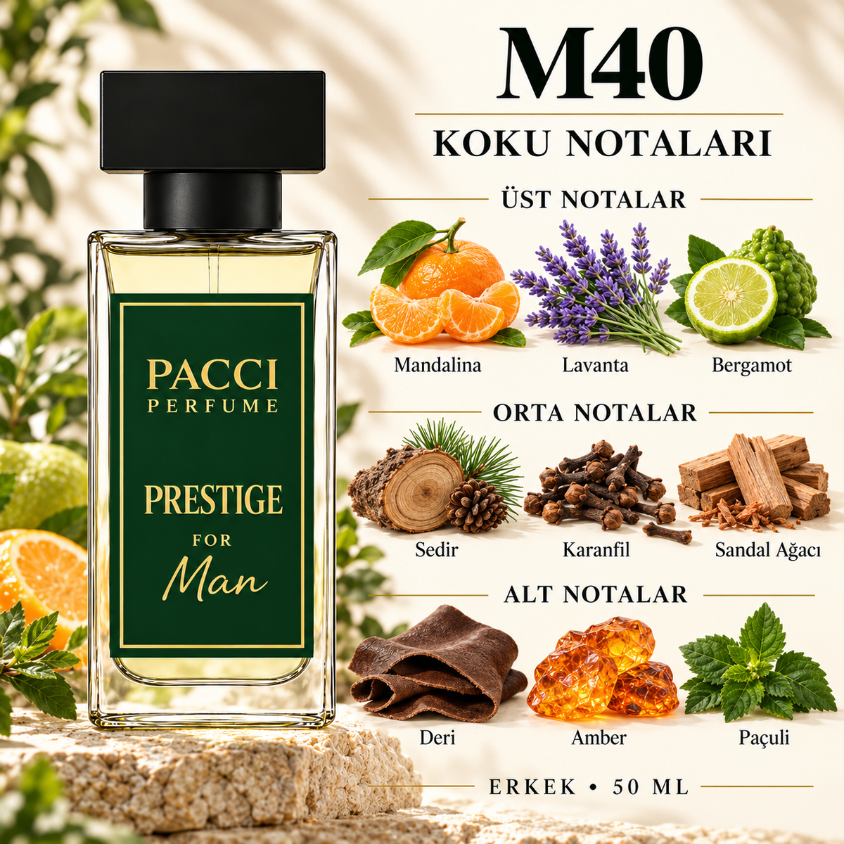 PACCI M40 erkek parfümü – mandalina, menekşe ve deri notaları