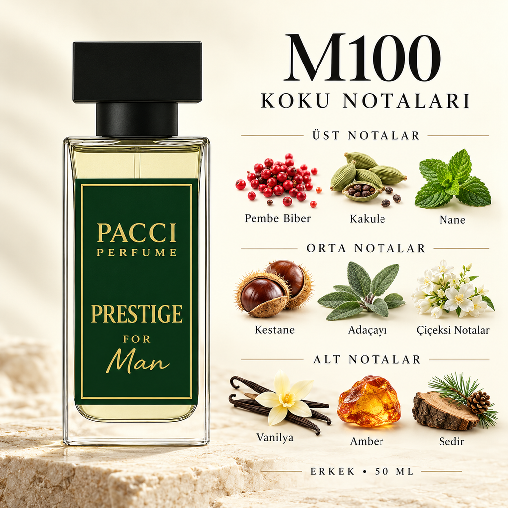 PACCI M100 erkek parfümü – kakule, lavanta ve kestane notaları