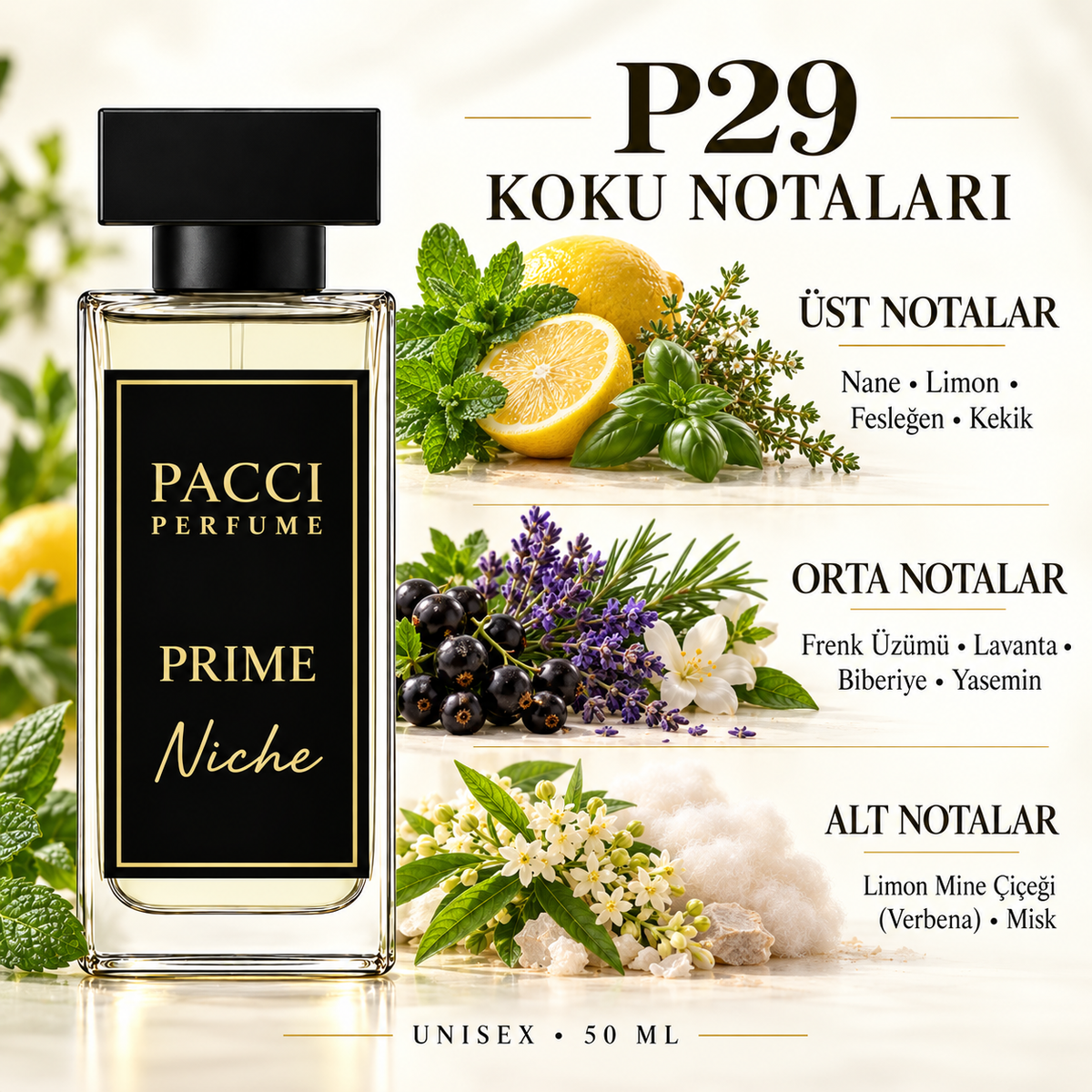 PACCI P29 niche unisex parfüm – fesleğen, nane ve misk notaları