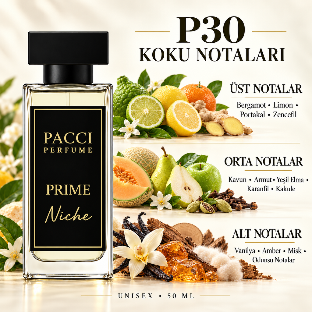 PACCI P30 niche unisex parfüm – limon, kavun ve vanilya notaları