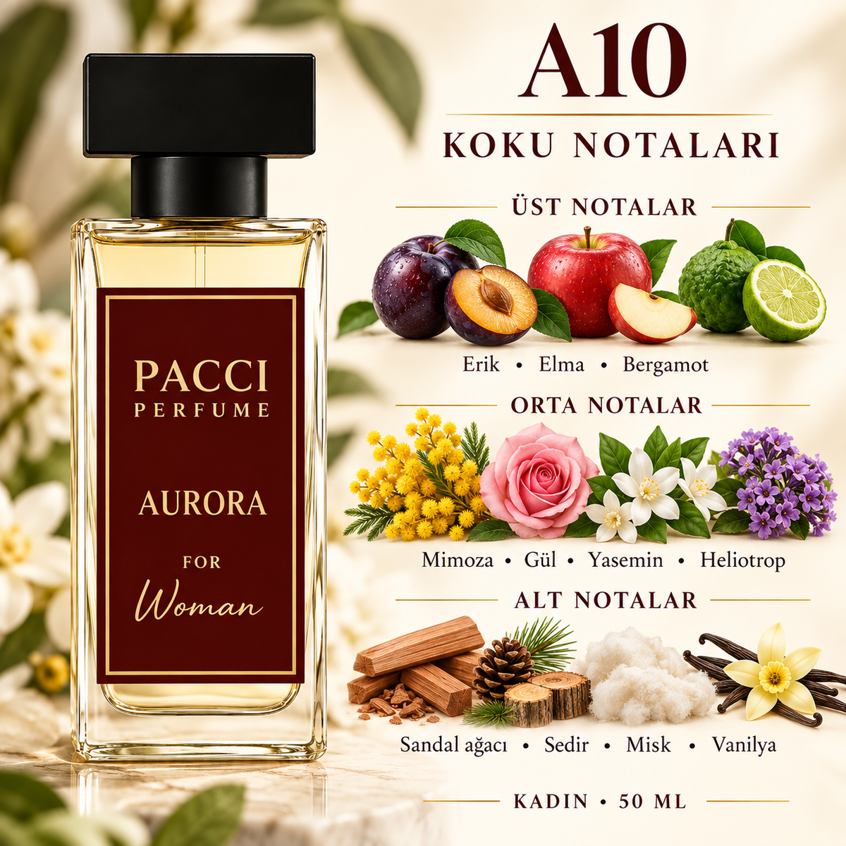 PACCI A10 kadın parfümü – frezya, yasemin ve süet notaları