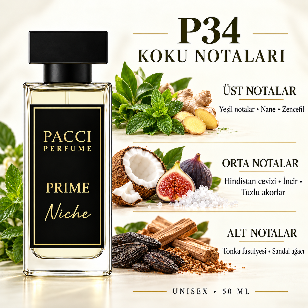 PACCI P34 niche unisex parfüm – hindistan cevizi suyu, yeşil incir ve sandal ağacı