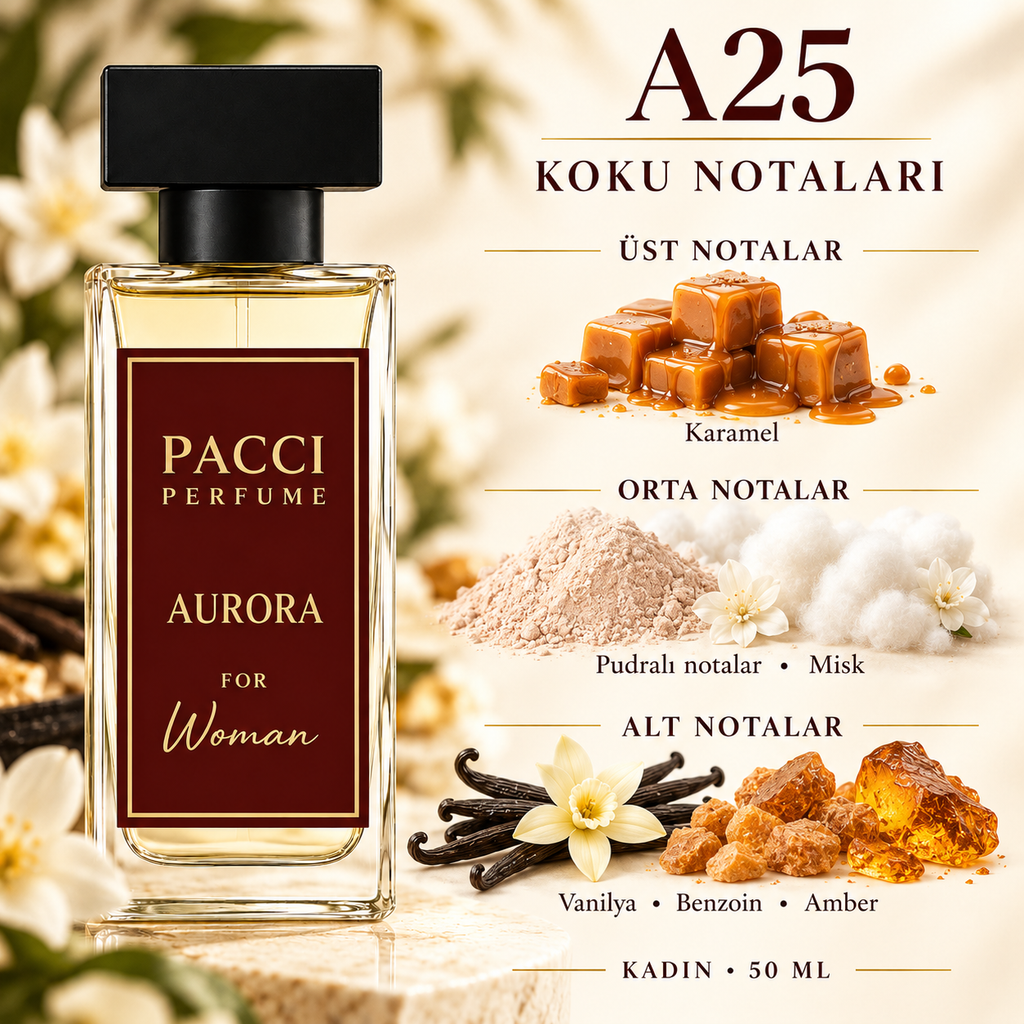 PACCI A25 kadın parfümü – karamel, benzoin ve vanilya notaları
