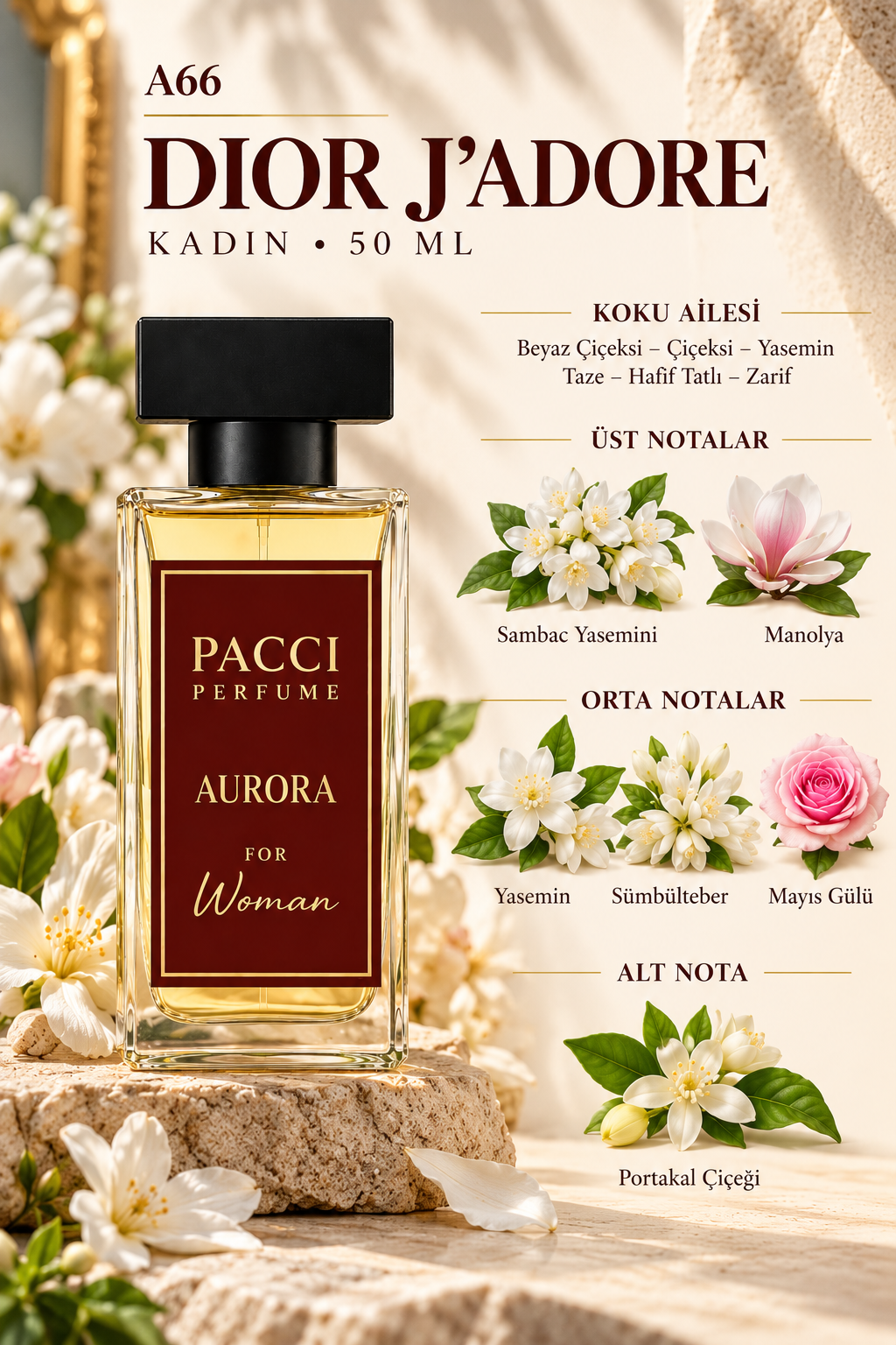 PACCI A66 kadın parfümü – ylang-ylang, Şam gülü ve yasemin notaları