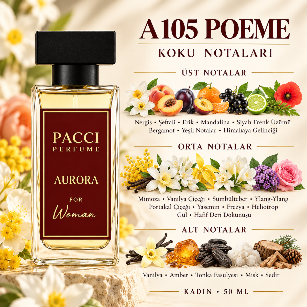 PACCI A105 kadın parfümü – mavi gelincik, mimoza ve vanilya notaları