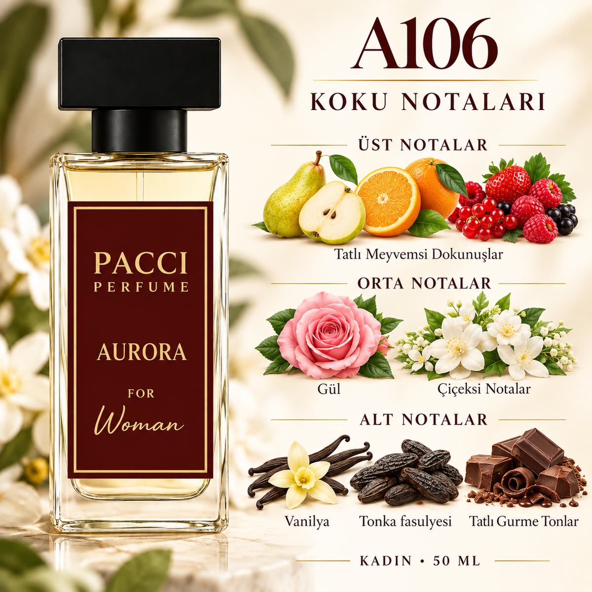 PACCI A106 kadın parfümü – portakal, gül ve tonka notaları