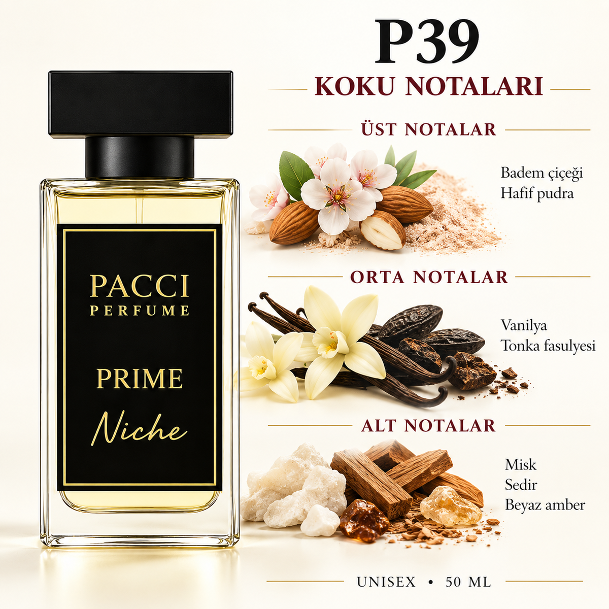 PACCI P39 niche unisex parfüm – vanilya, hindistan cevizi ve palo santo notaları