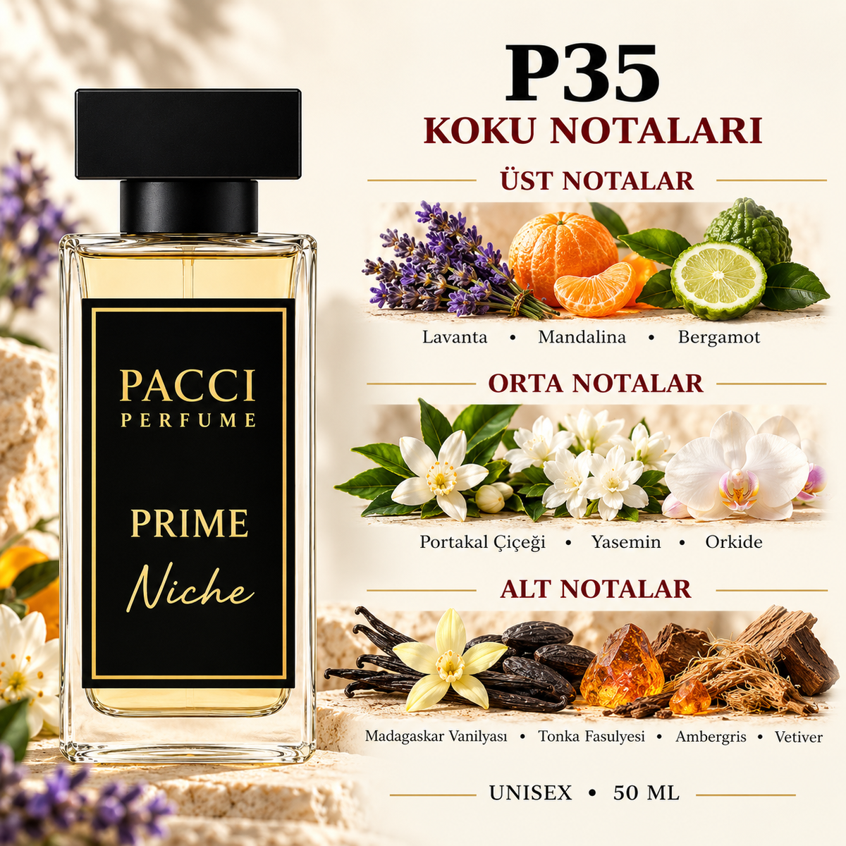 PACCI P35 niche unisex parfüm – lavanta, portakal çiçeği ve vanilya notaları