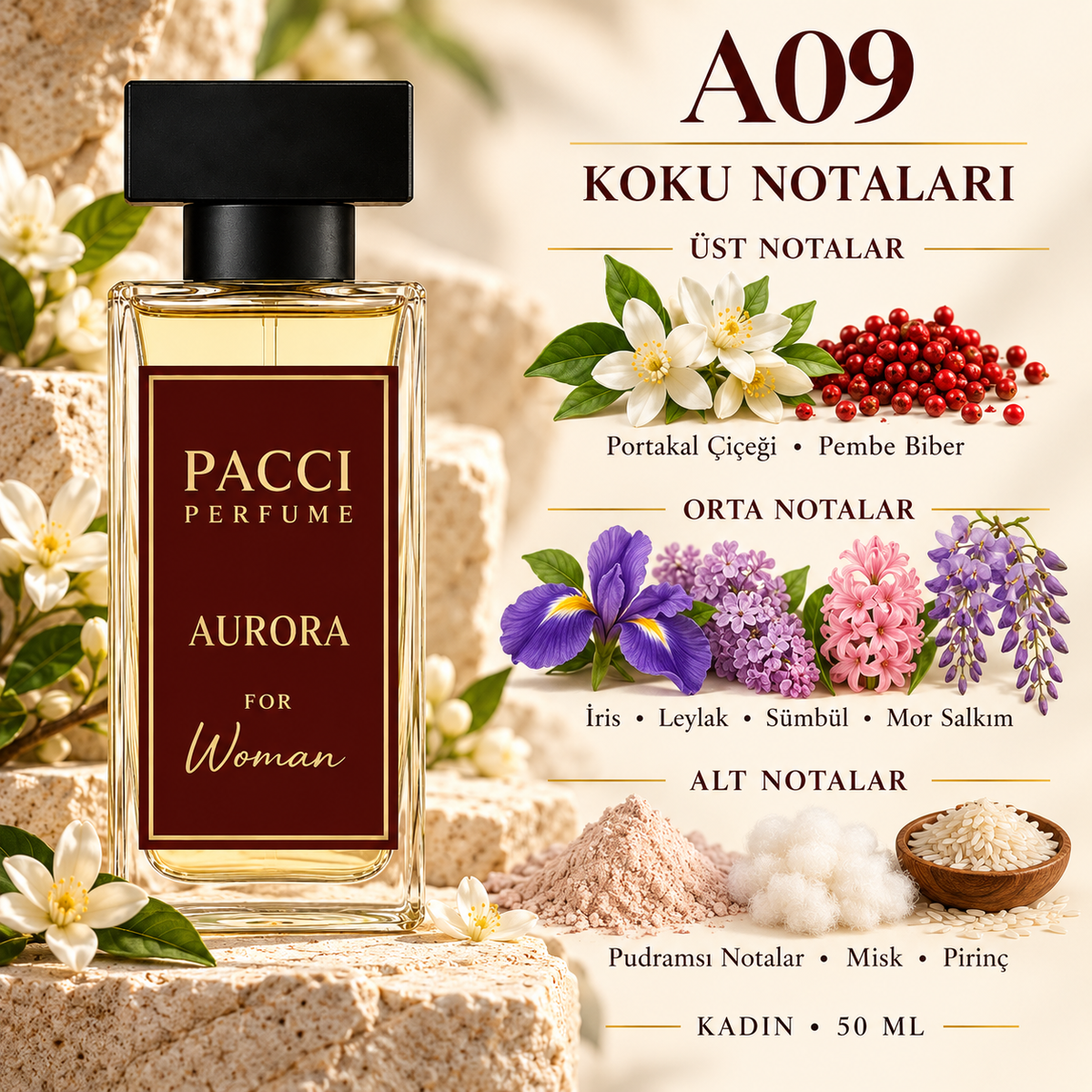 PACCI A09 kadın parfümü – iris, leylak ve misk notaları