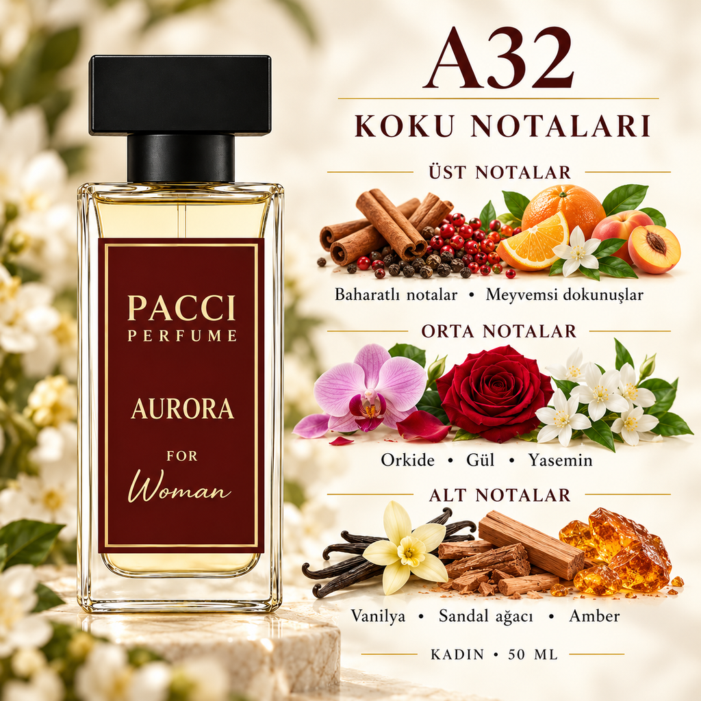 PACCI A32 kadın parfümü – portakal çiçeği, gül ve sandal ağacı notaları