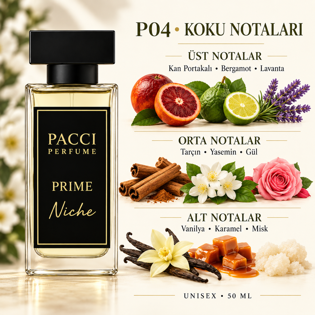 PACCI P04 niche unisex parfüm – kan portakalı, tarçın ve karamel notaları