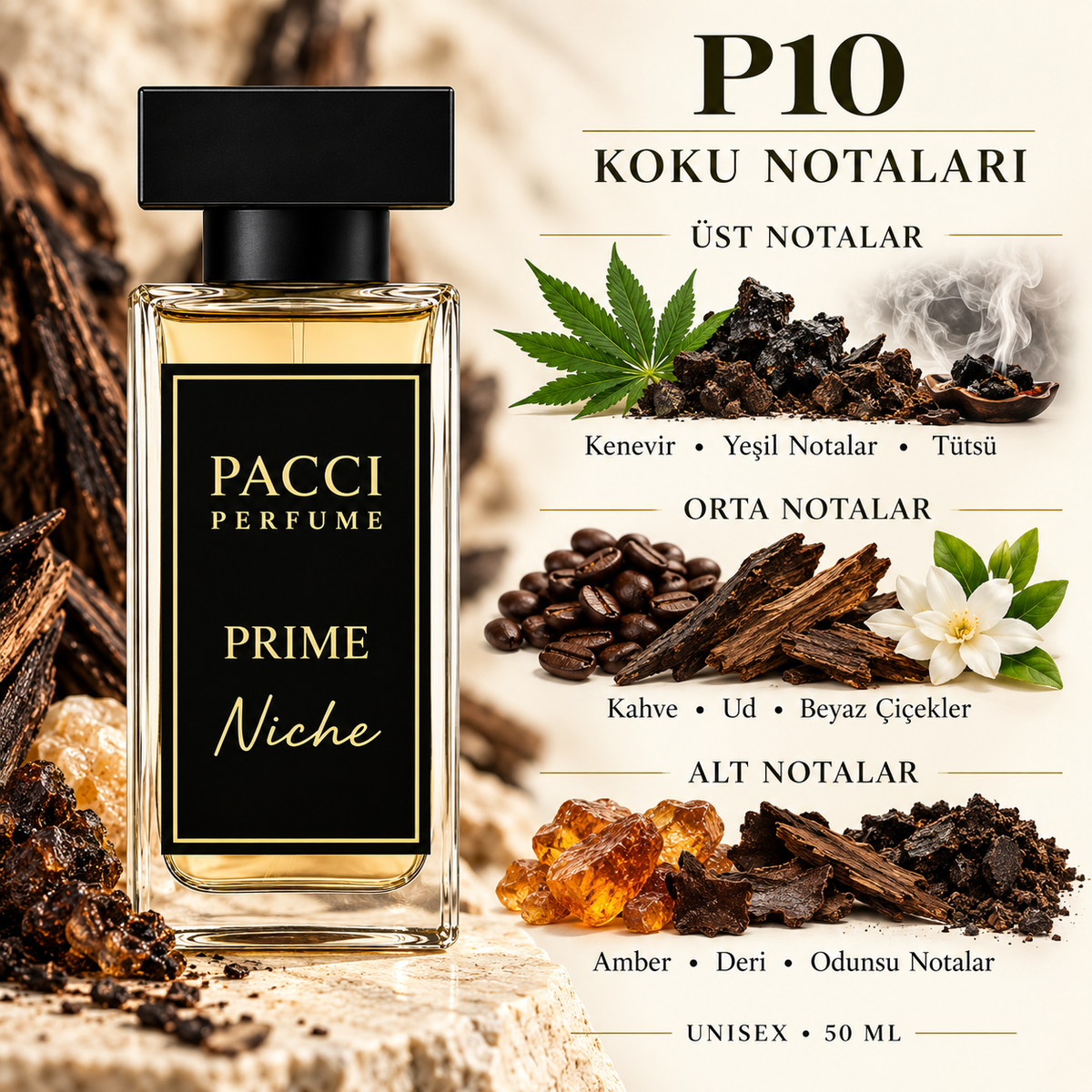 PACCI P10 niche unisex parfüm – tütün, kahve ve oud notaları