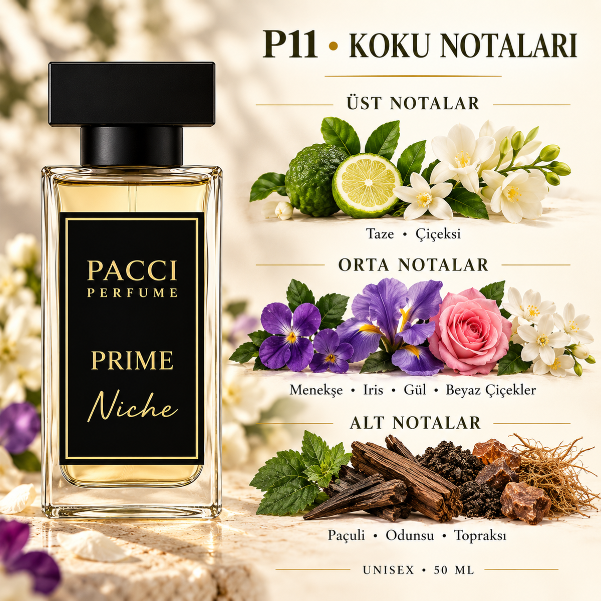 PACCI P11 niche unisex parfüm – iris, yasemin ve vetiver notaları