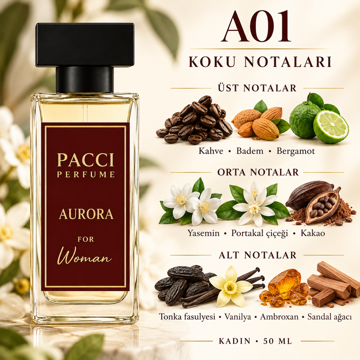 PACCI A01 kadın parfümü – yasemin, kahve, tonka ve kakao notaları