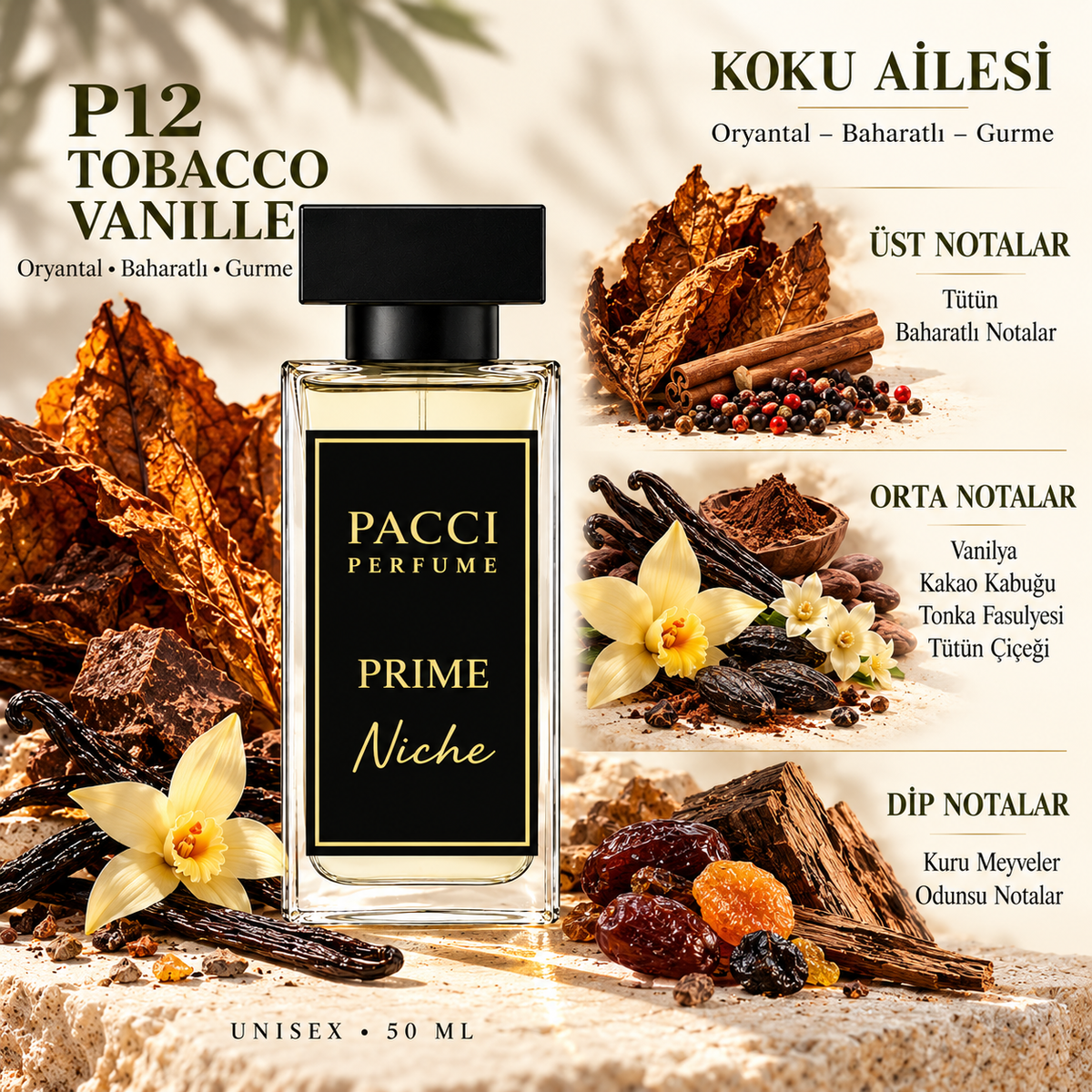 PACCI P12 niche unisex parfüm – tütün, kakao ve vanilya notaları