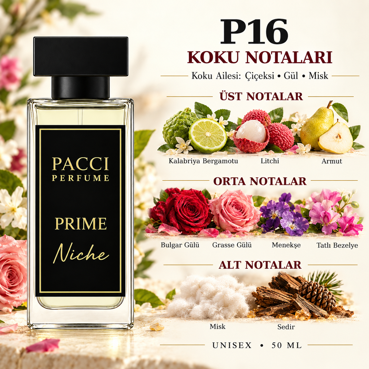 PACCI P16 niche unisex parfüm – Damask gülü, centifolia gülü ve misk notaları