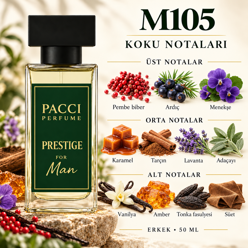 PACCI M105 erkek parfümü – pembe biber, karamel ve vanilya notaları