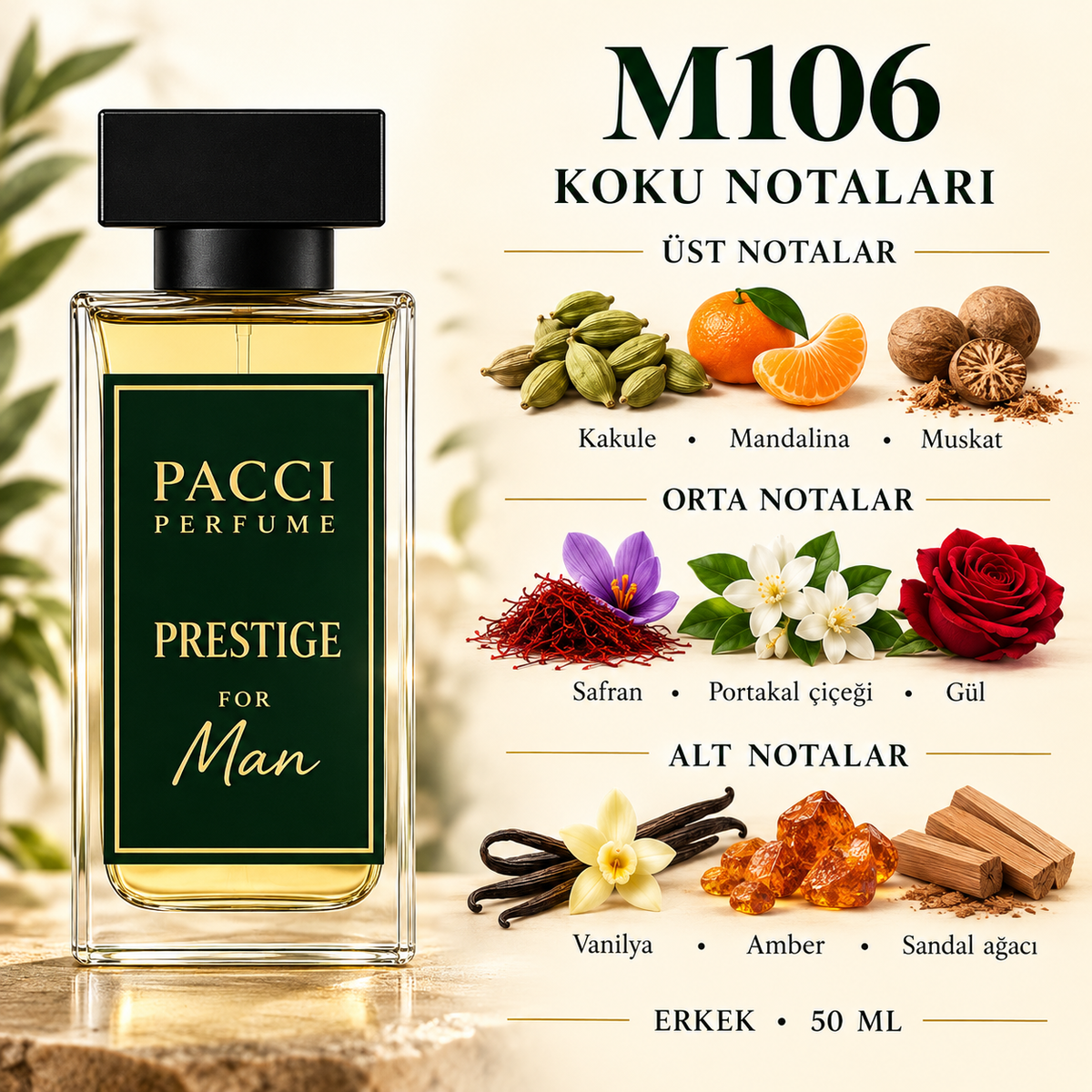 PACCI M106 erkek parfümü – kakule, kulfi ve vanilya notaları