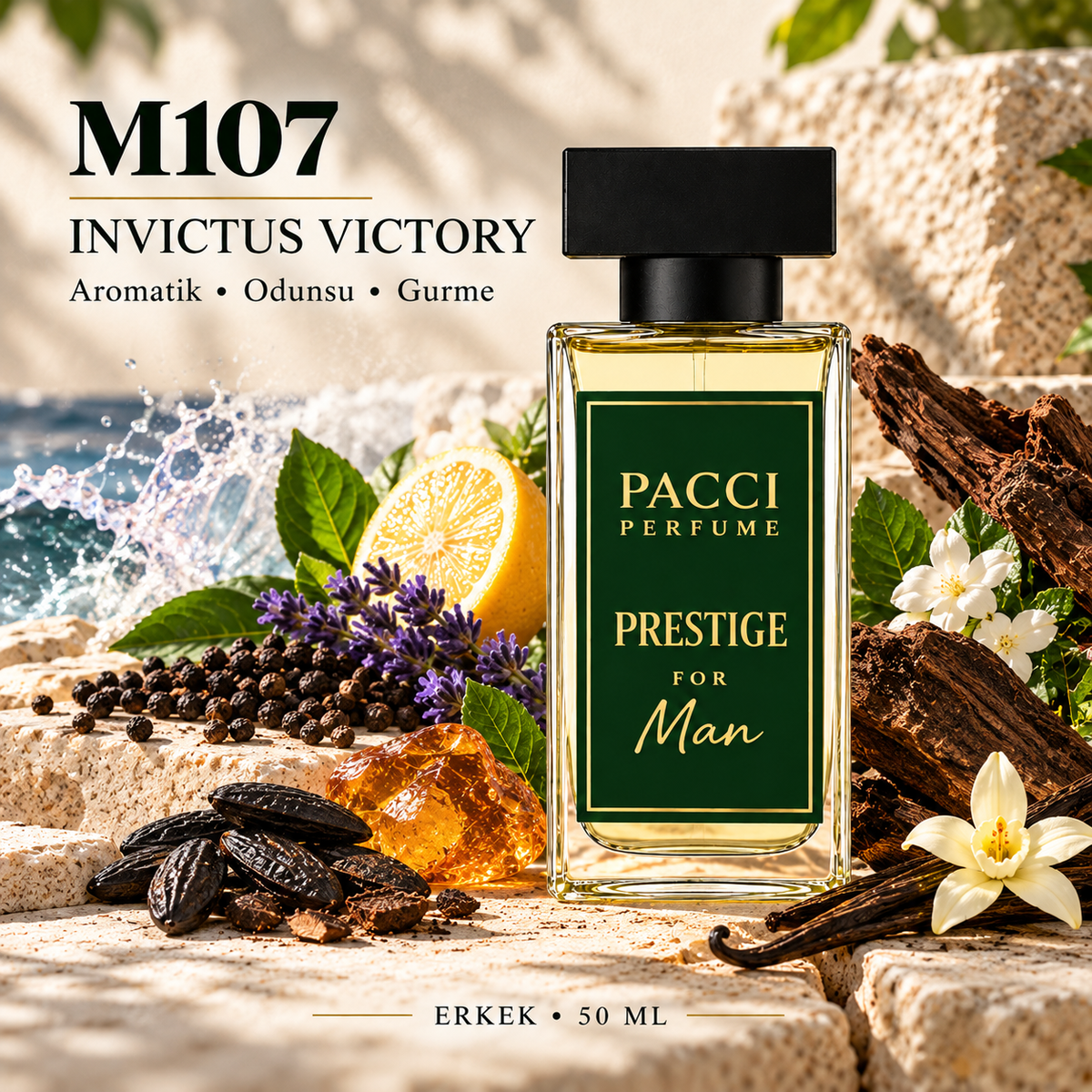PACCI M107 erkek parfümü – limon, tütsü ve vanilya notaları