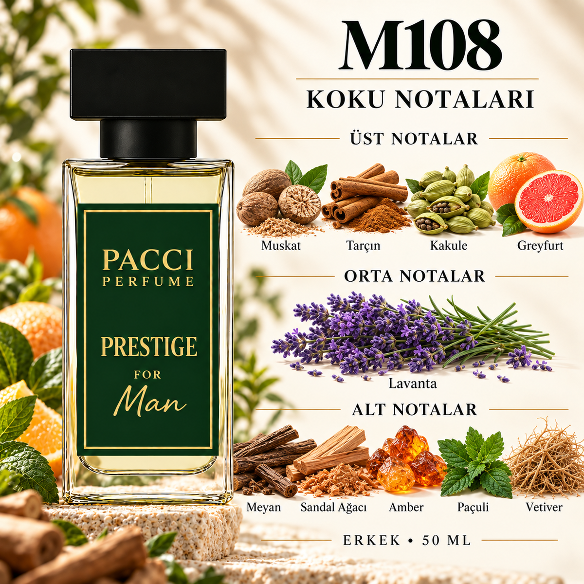 PACCI M108 erkek parfümü – muskat, lavanta ve meyan kökü notaları
