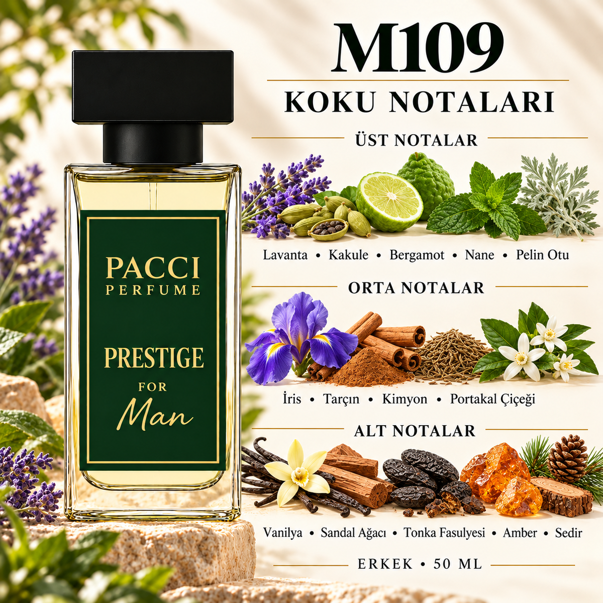 PACCI M109 erkek parfümü – kakule, iris ve vanilya notaları