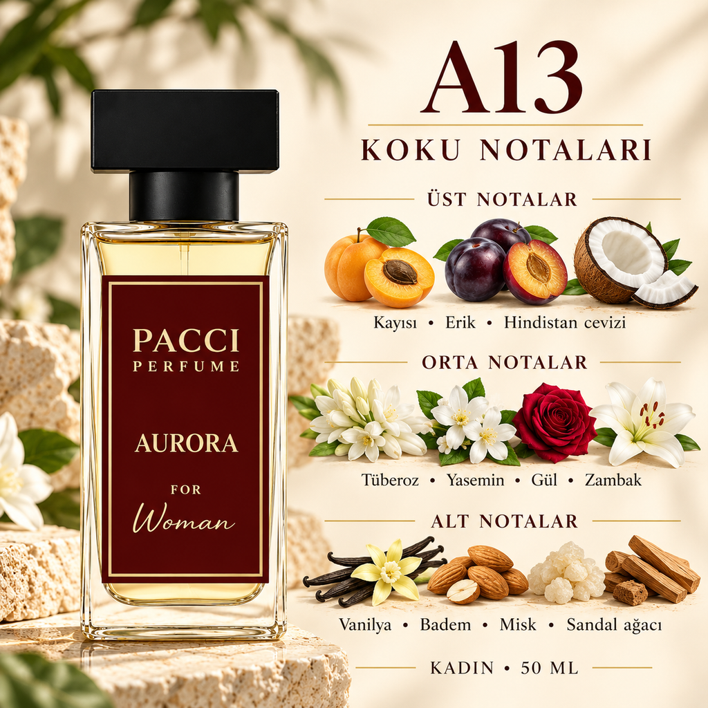 PACCI A13 kadın parfümü – acı badem, yasemin ve vanilya notaları