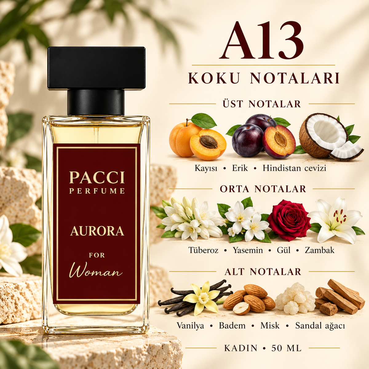 PACCI A13 kadın parfümü – acı badem, yasemin ve vanilya notaları