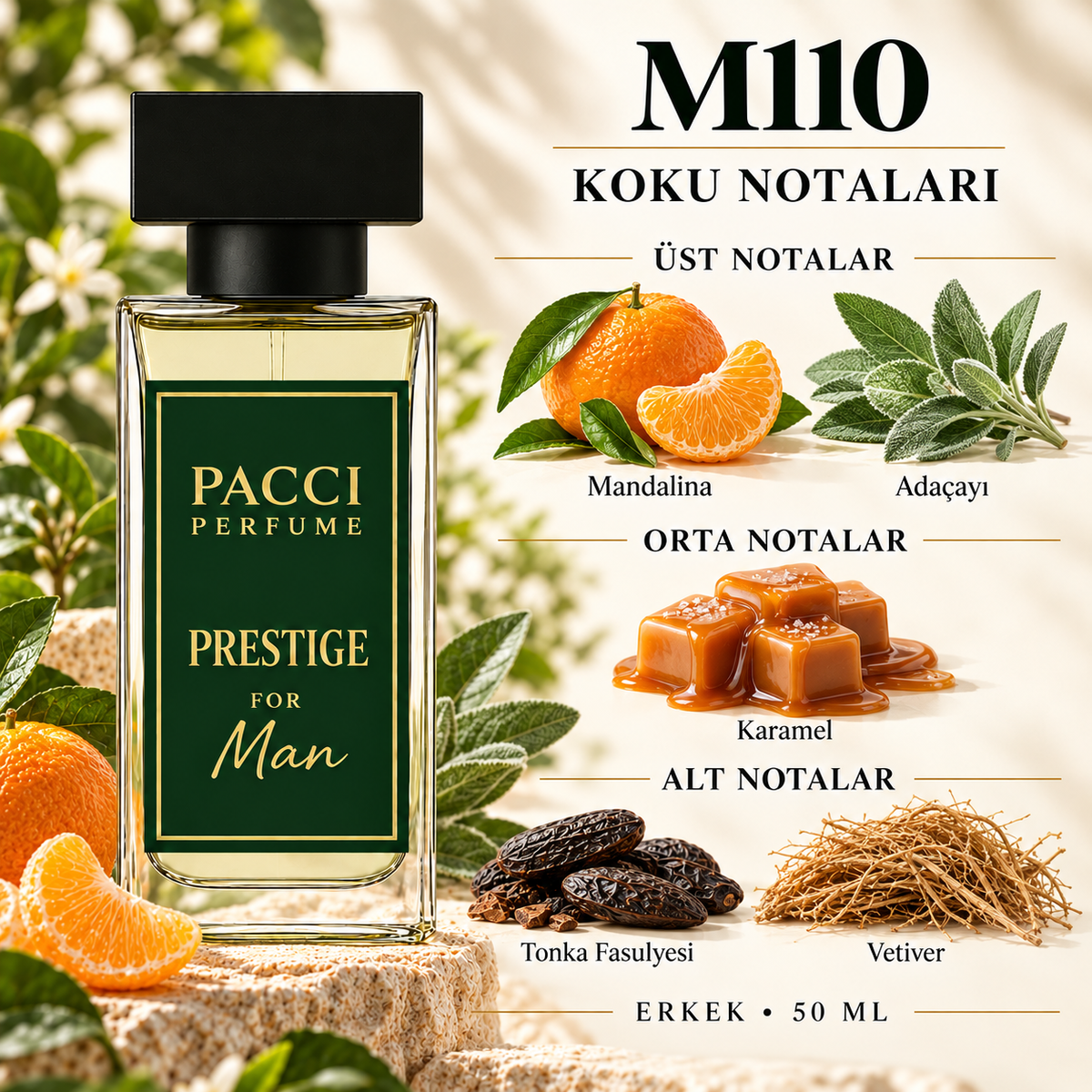 PACCI M110 erkek parfümü – mandalina, karamel ve vetiver notaları