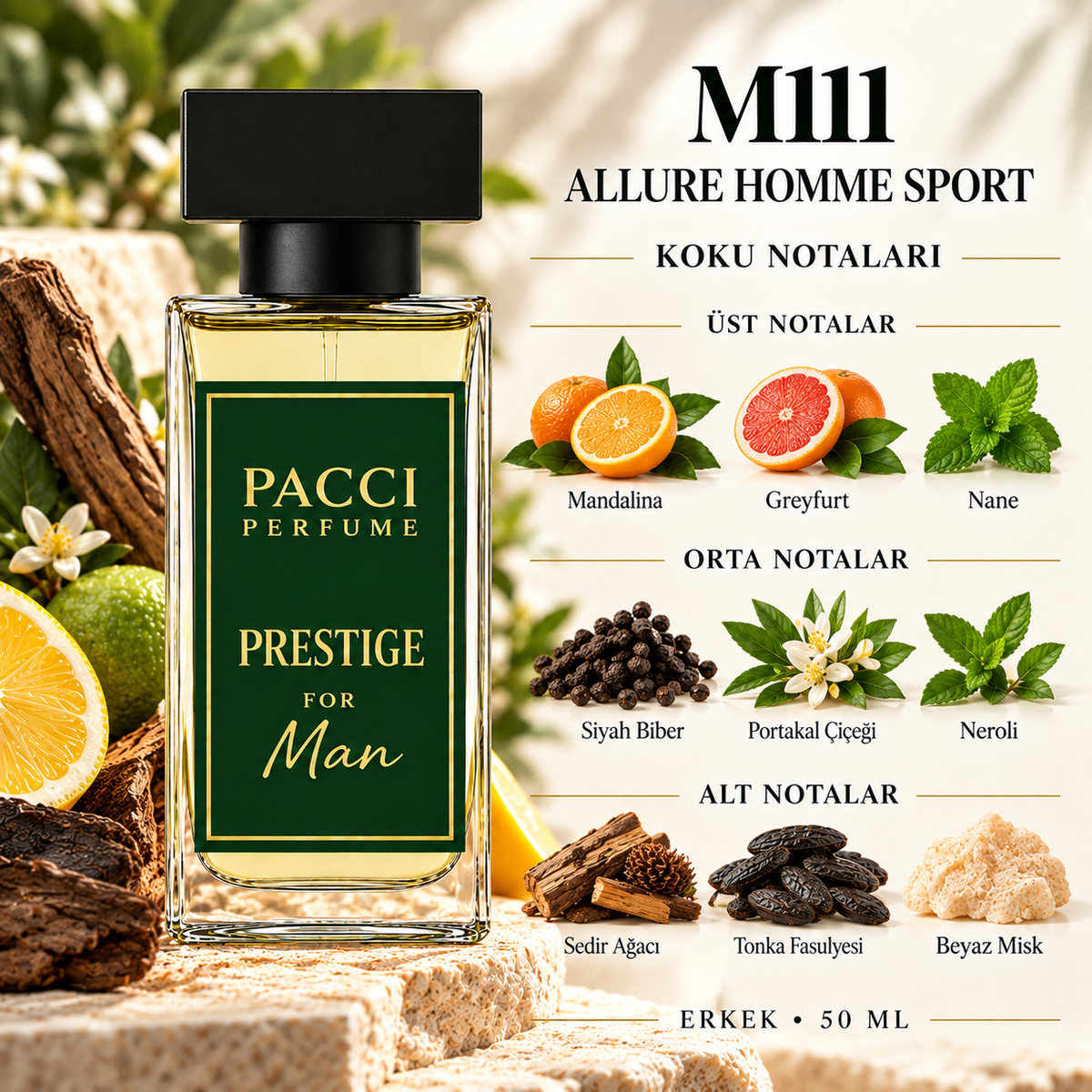 PACCI M111 erkek parfümü – mandalina, nane ve sandal ağacı notaları