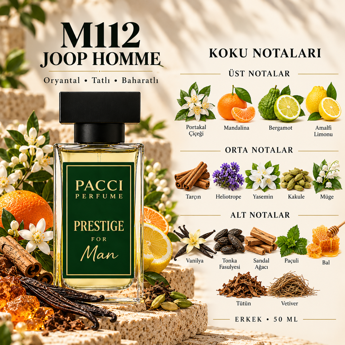 PACCI M112 erkek parfümü – portakal çiçeği, tarçın ve vanilya notaları