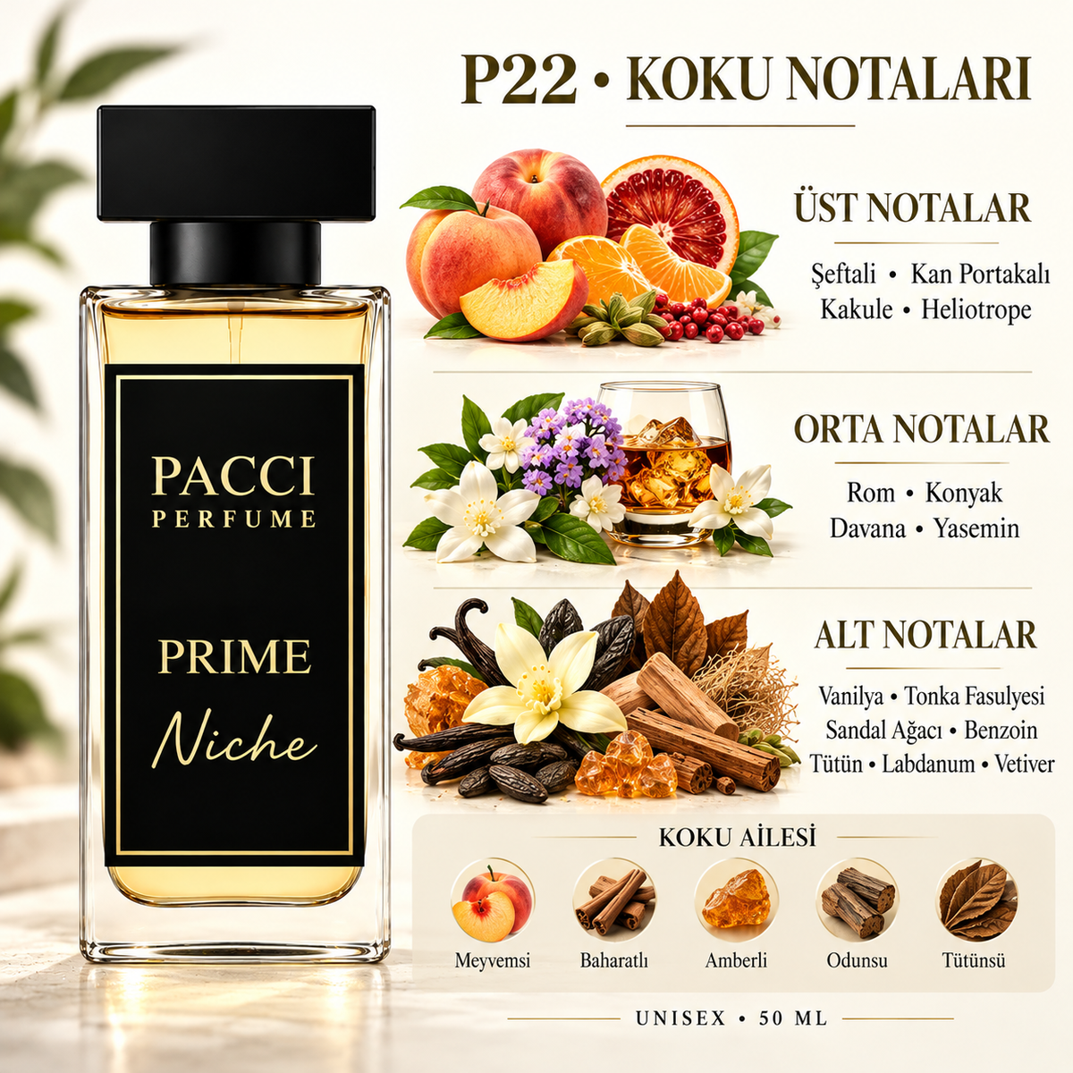 PACCI P22 niche unisex parfüm – şeftali, rom ve vanilya notaları