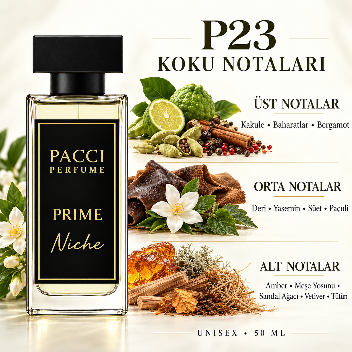 PACCI P23 niche unisex parfüm – kakule, deri ve amber notaları