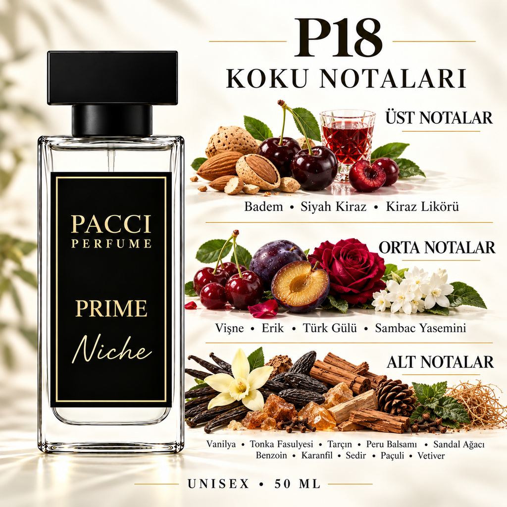 PACCI P18 niche unisex parfüm – siyah kiraz, badem ve vanilya notaları